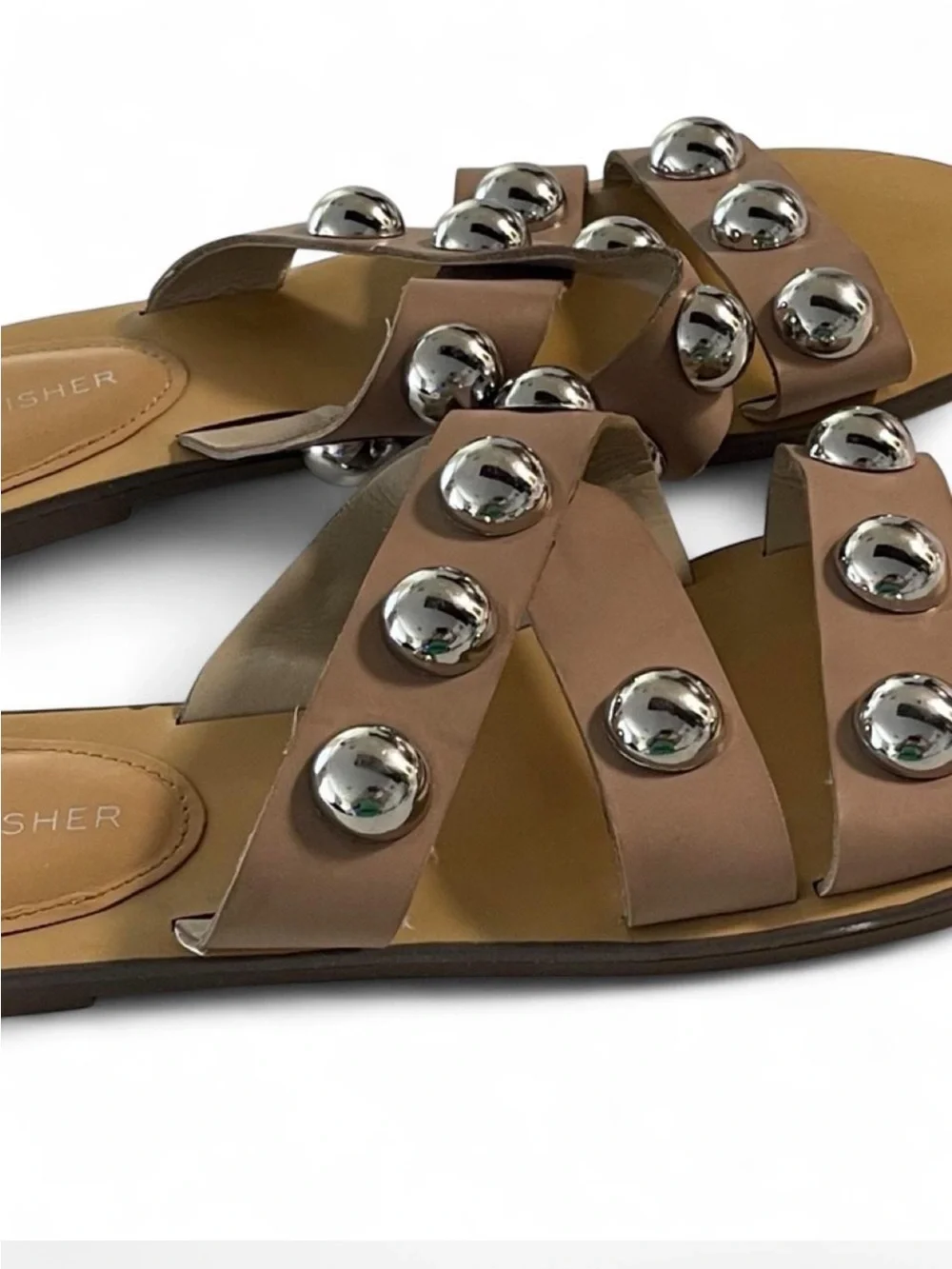 Marc Fisher Taupe Leather Slide Sandals with Silver Studs